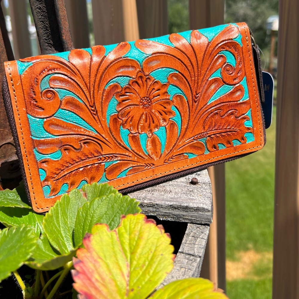 Floral Tooled Genuine  Leather floral Wallet New Card Holder Turquoise - Picture 7 of 9